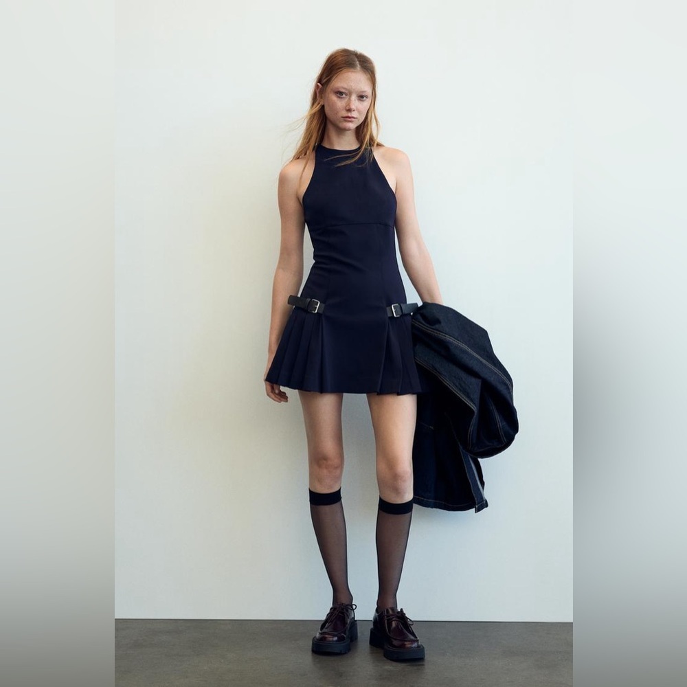 Zara Black Halter Mini Dress with Pleated Skirt